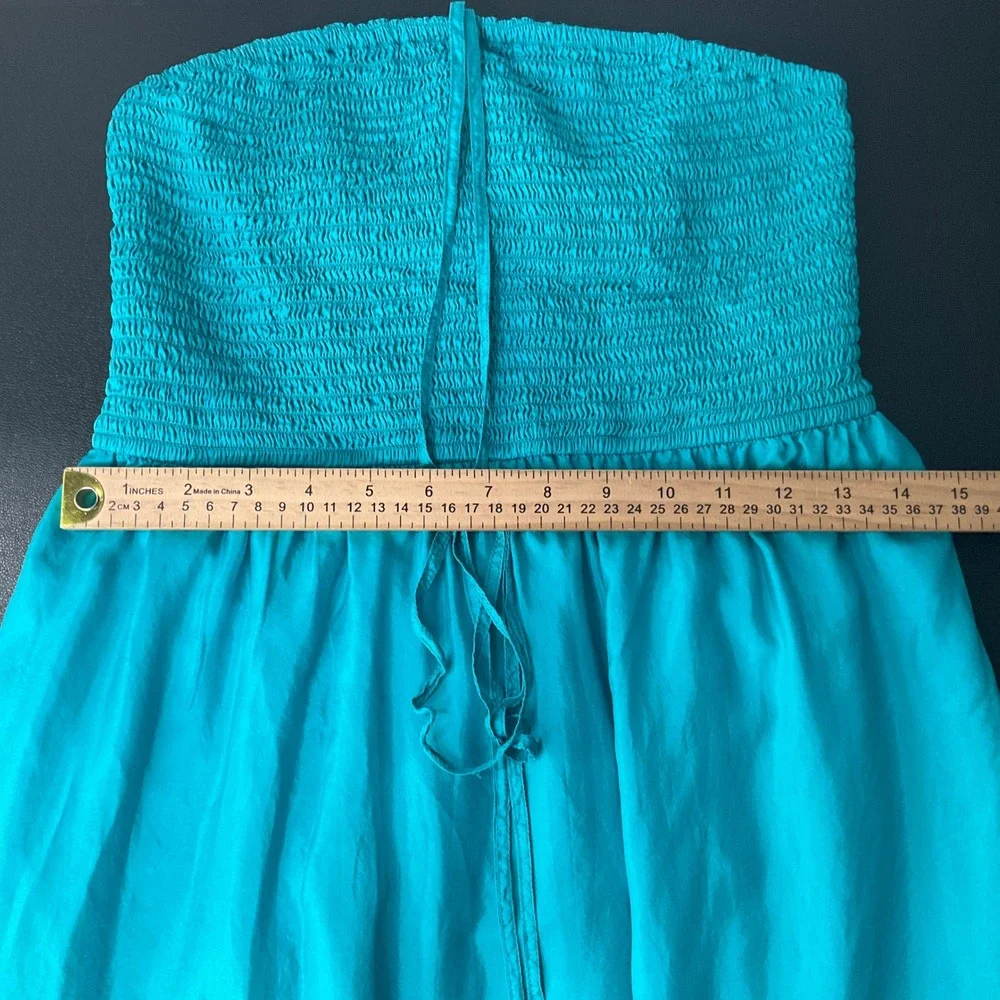 Maeve‎ Silk Maxi Dress Women Sz S Teal Blue 100% Silk Smocked Tiered Boho Halter